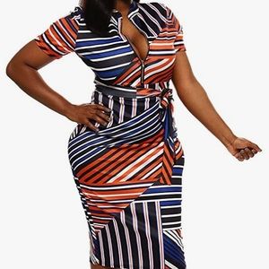 Women Sexy Print, Long Sleeve Zipper Stretchy Pencil Bodycon Dress with Belt